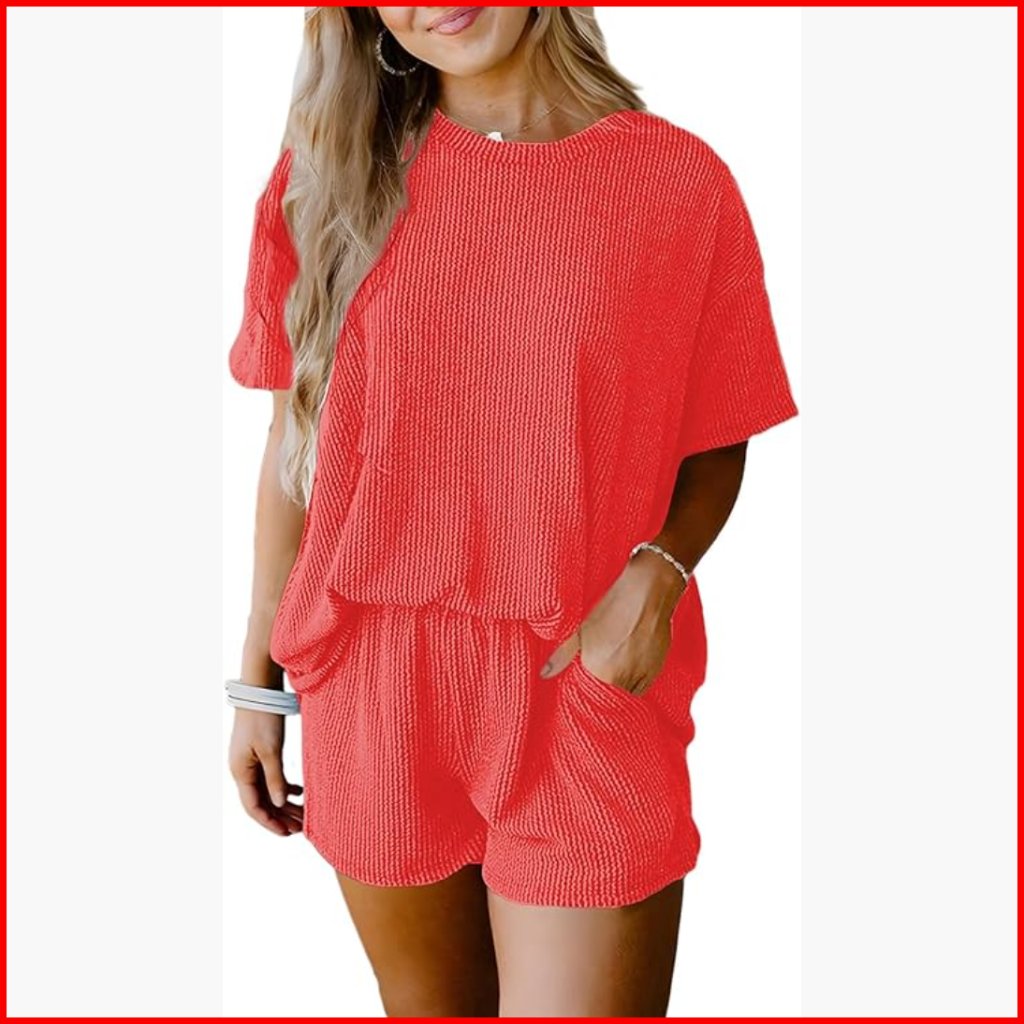 Two Piece Lounge Set Short Sleeve Top High Waisted Shorts With Pockets